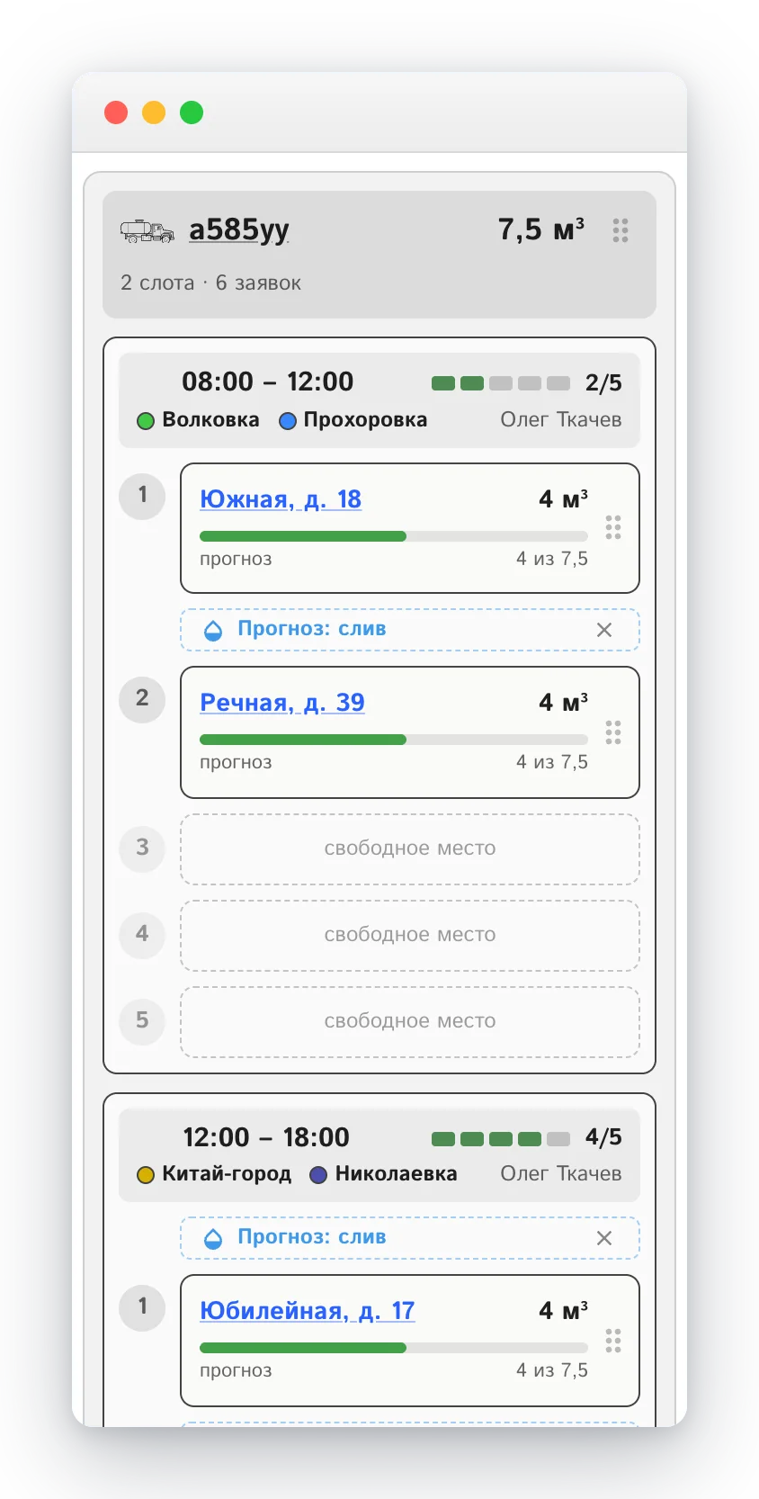 Прогноз заполнения цистерны в очереди заявок